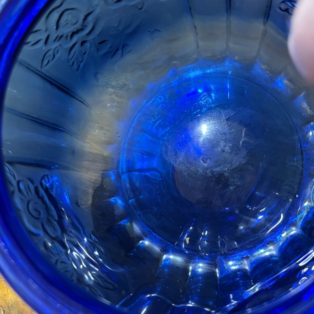 Vintage cobalt glass Mayfair / Open Rose cookie jar with lid, reproduction - Picture 4 of 10